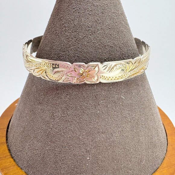 VTG Sterling Silver 925 Flower Scroll Design Bangle Bracelet Size 7.5" Fit - Picture 2 of 10